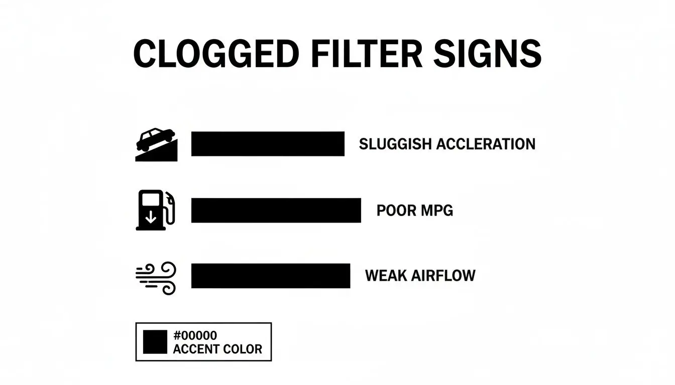 Infographic displaying three common signs of a clogged filter: sluggish acceleration, poor MPG, and weak airflow.