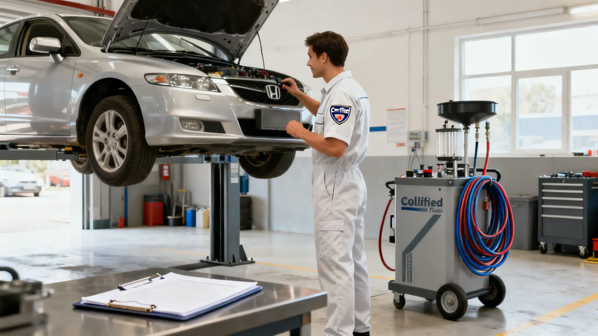 A male mechanic in a white uniform works on a silver car lifted on a hoist in a garage.