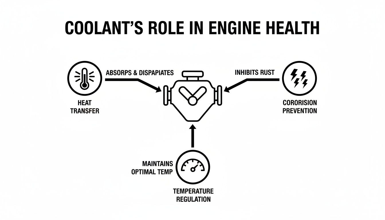 Diagram illustrating coolant's role in engine health, including heat transfer, corrosion prevention, and temperature regulation.