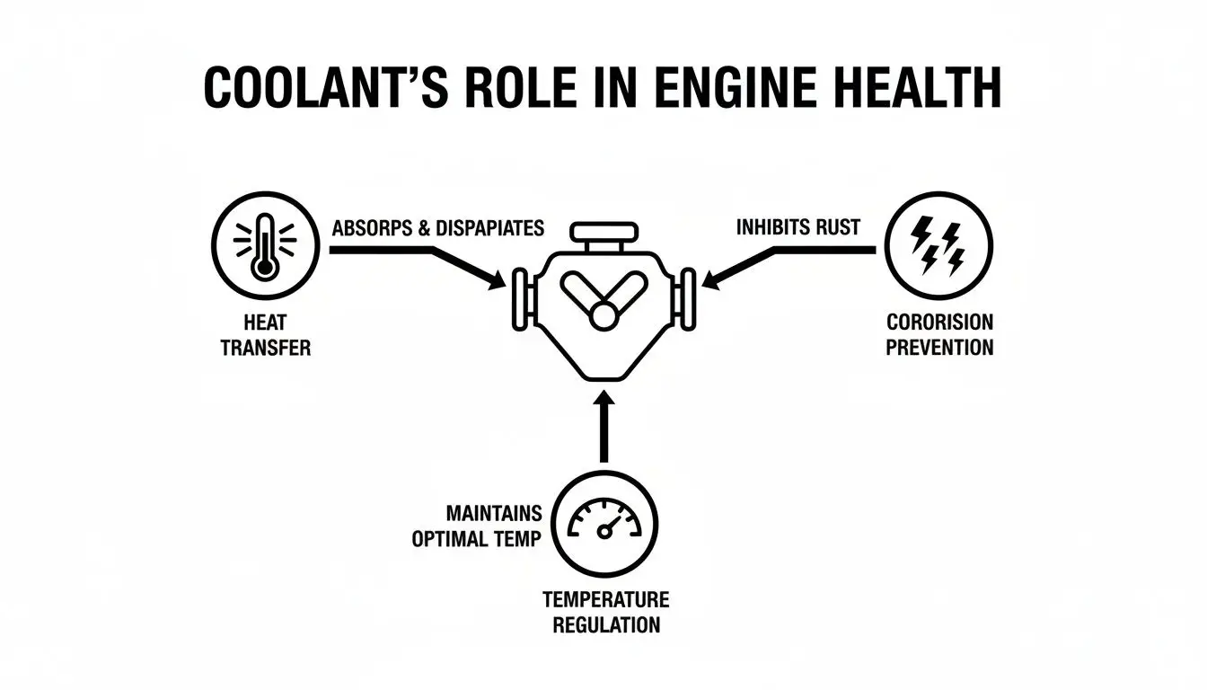 Diagram illustrating coolant's role in engine health, including heat transfer, corrosion prevention, and temperature regulation.