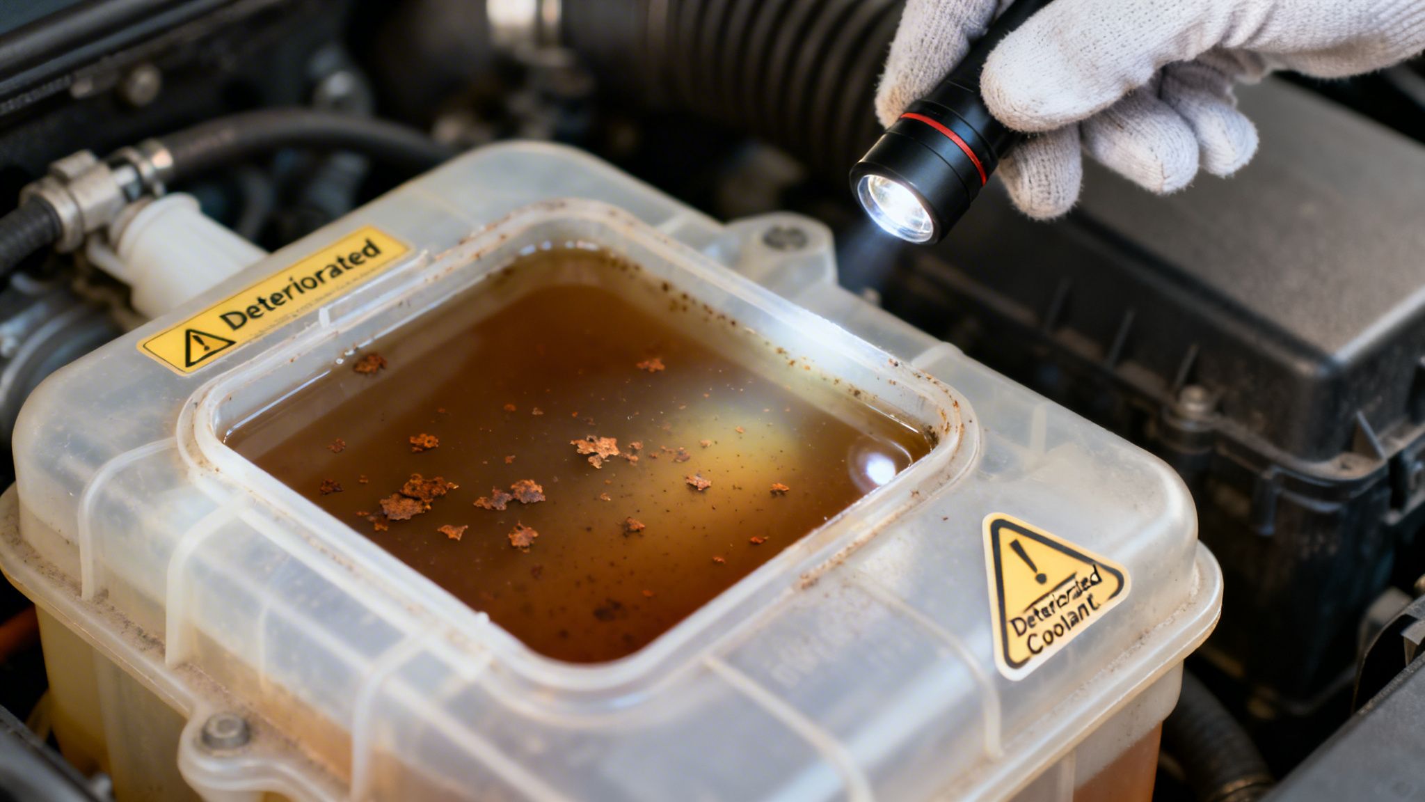A gloved hand shines a flashlight on dirty, rusted coolant in a car's reservoir with 'Deteriorated' warning stickers.