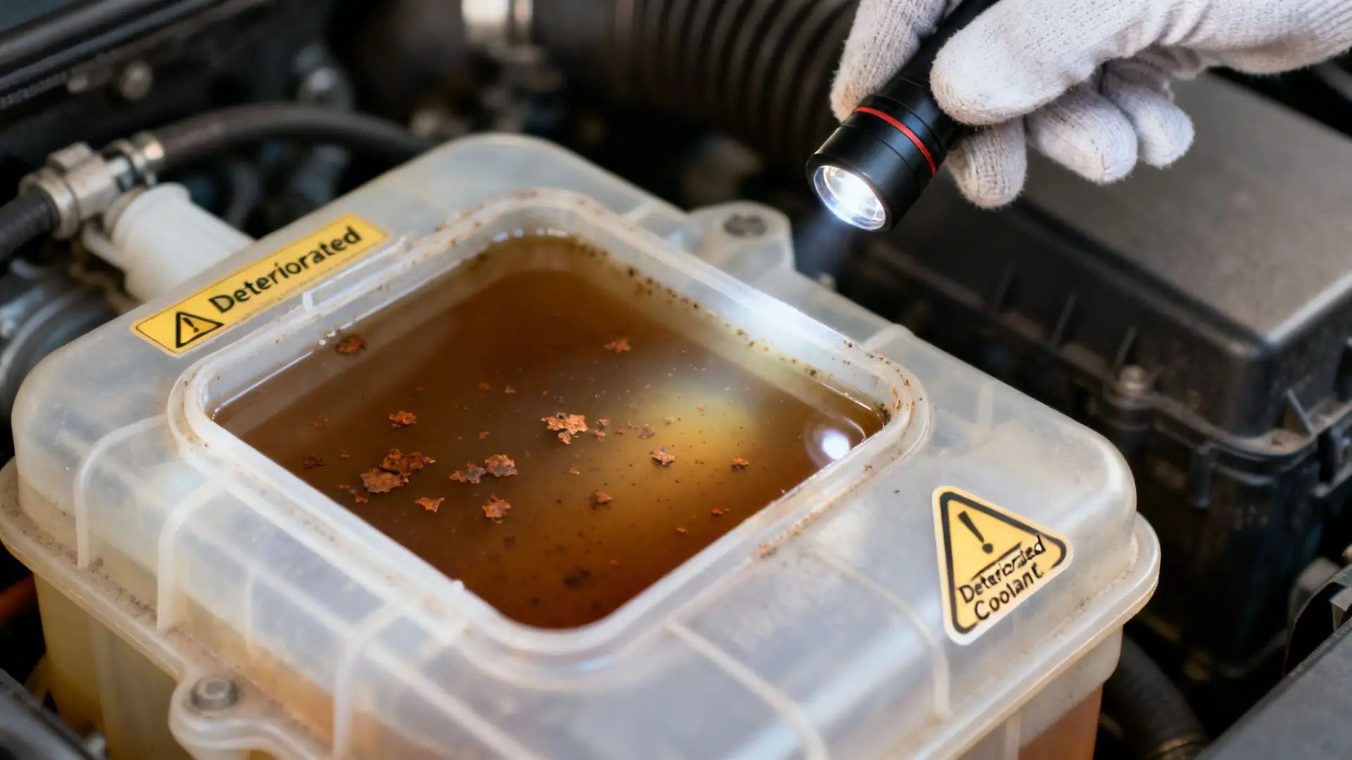 A gloved hand shines a flashlight on dirty, rusted coolant in a car's reservoir with 'Deteriorated' warning stickers.