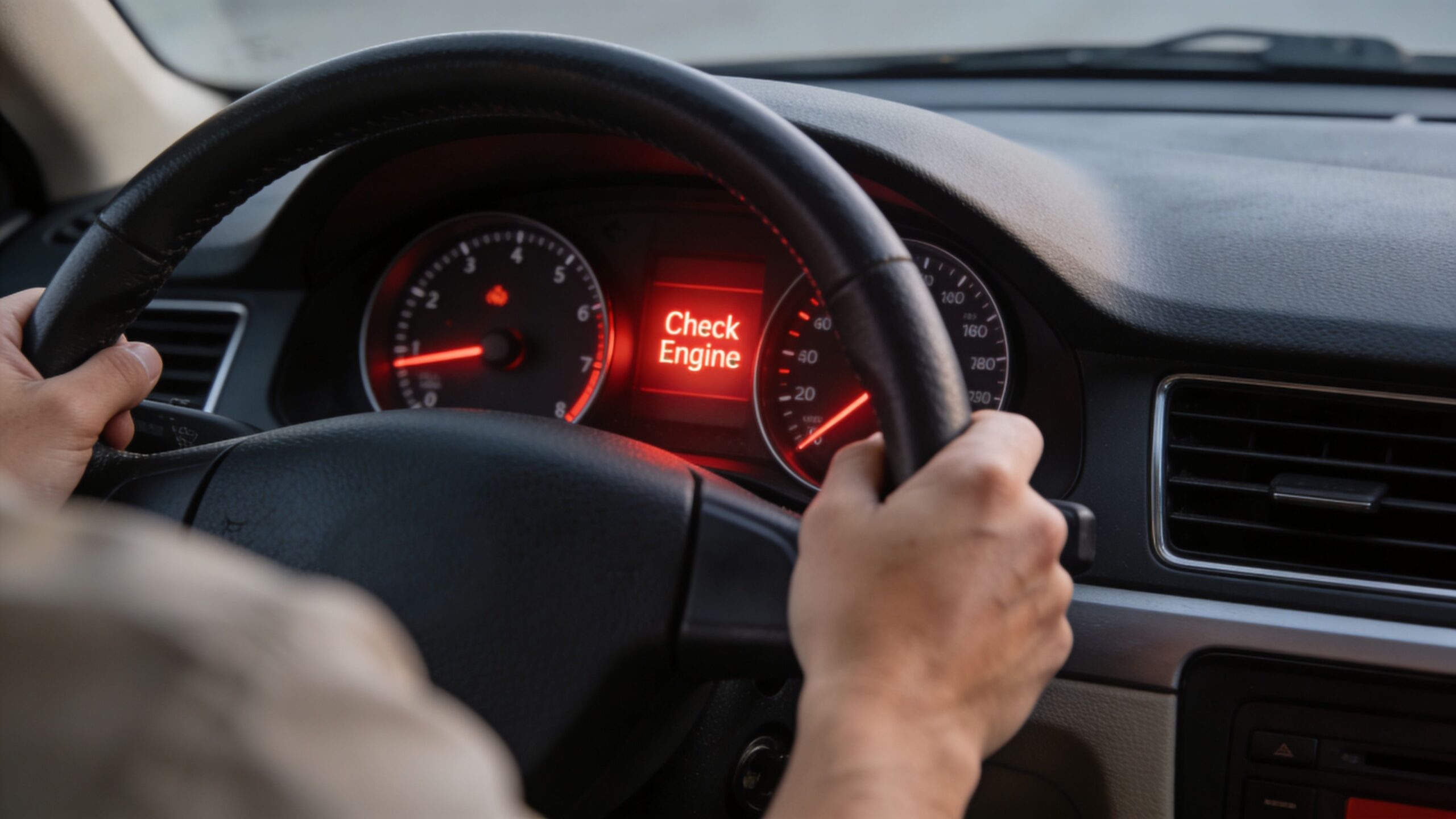 A close-up view from behind the steering wheel showing a car dashboard with a check engine warning light.