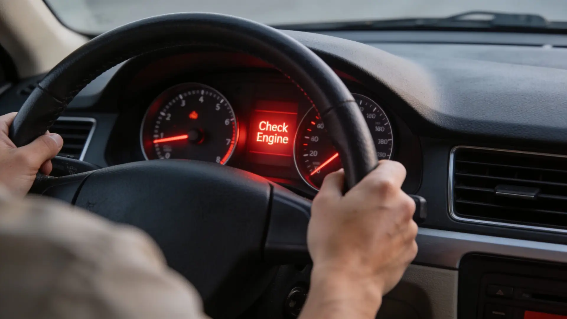 A close-up view from behind the steering wheel showing a car dashboard with a check engine warning light.