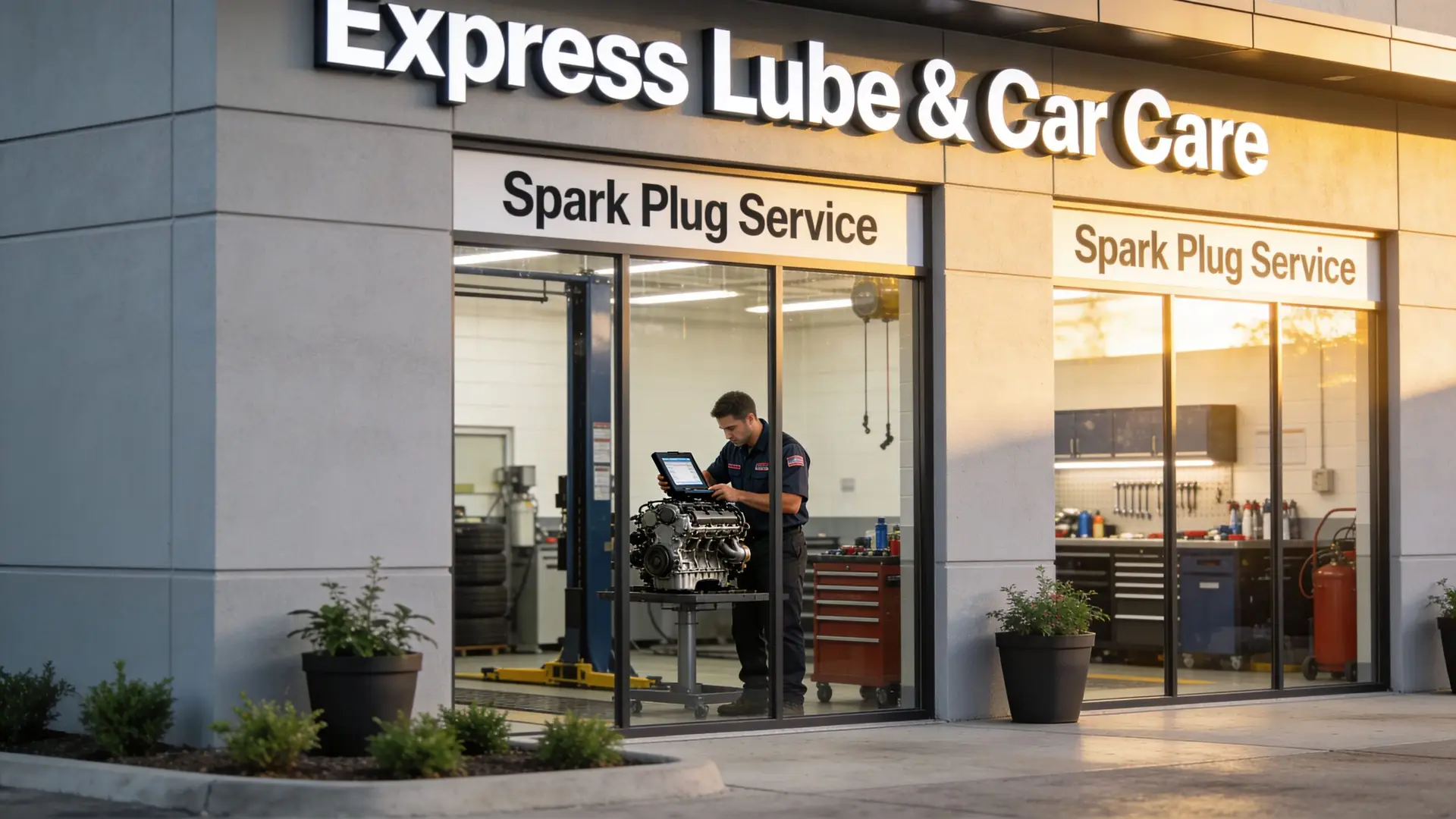 A professional mechanic works on a car engine inside an Express Lube & Car Care service shop.