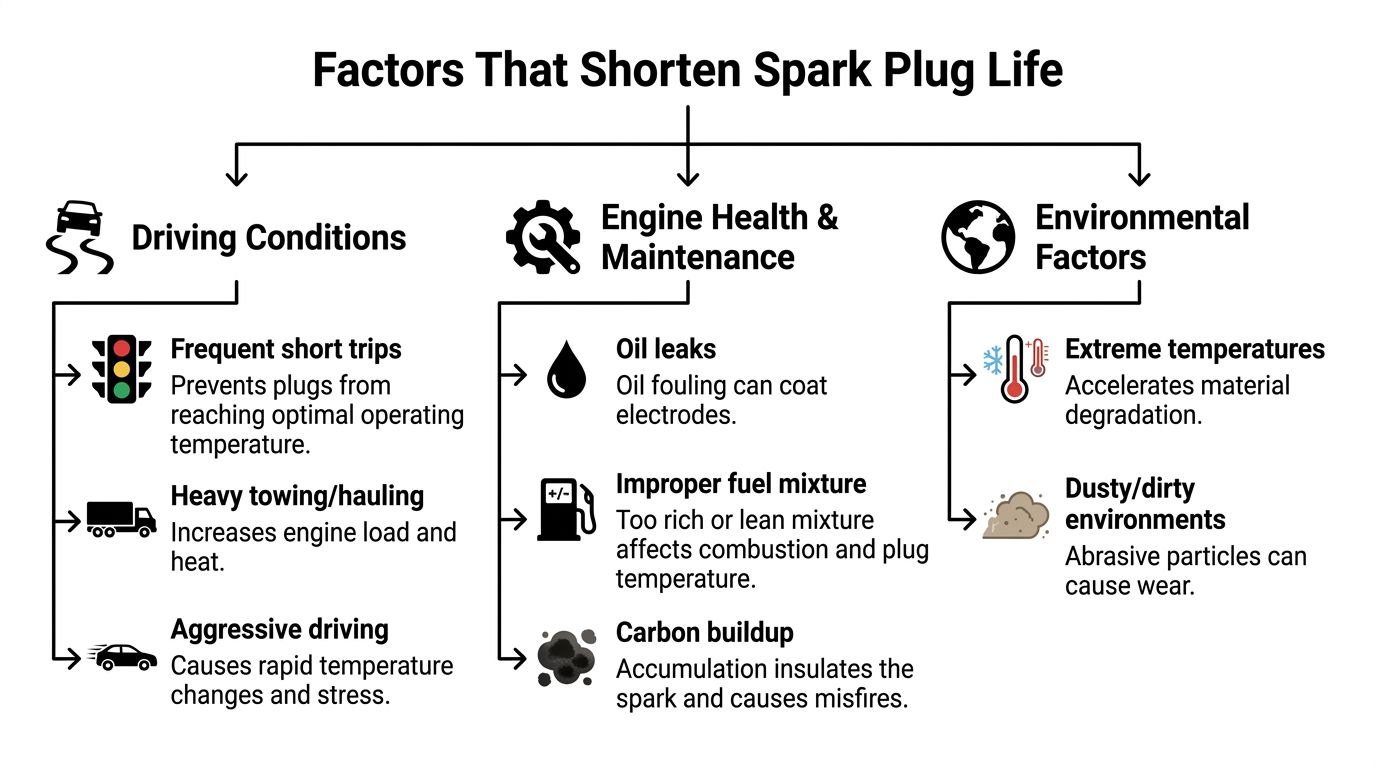 A diagram illustrating common factors such as driving habits and maintenance that shorten spark plug life.