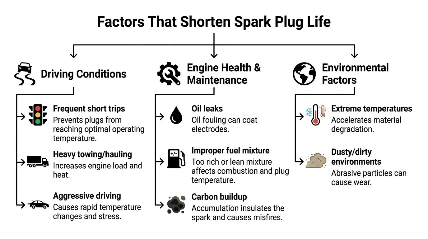 A diagram illustrating common factors such as driving habits and maintenance that shorten spark plug life.