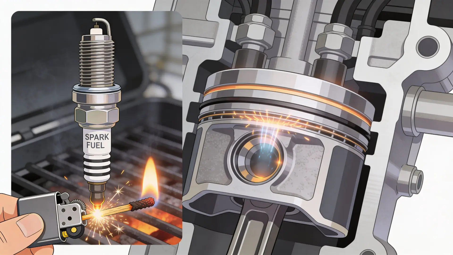 A split image showing a spark plug being lit and a piston engine working in a vehicle.