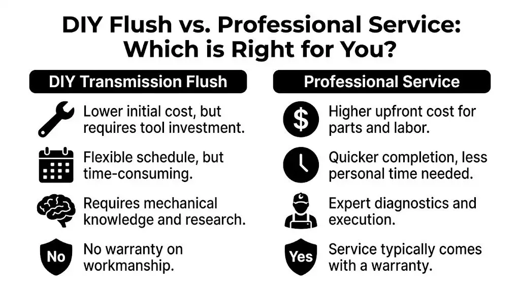 A comparison chart outlining the pros and cons of performing a DIY transmission flush versus professional service.