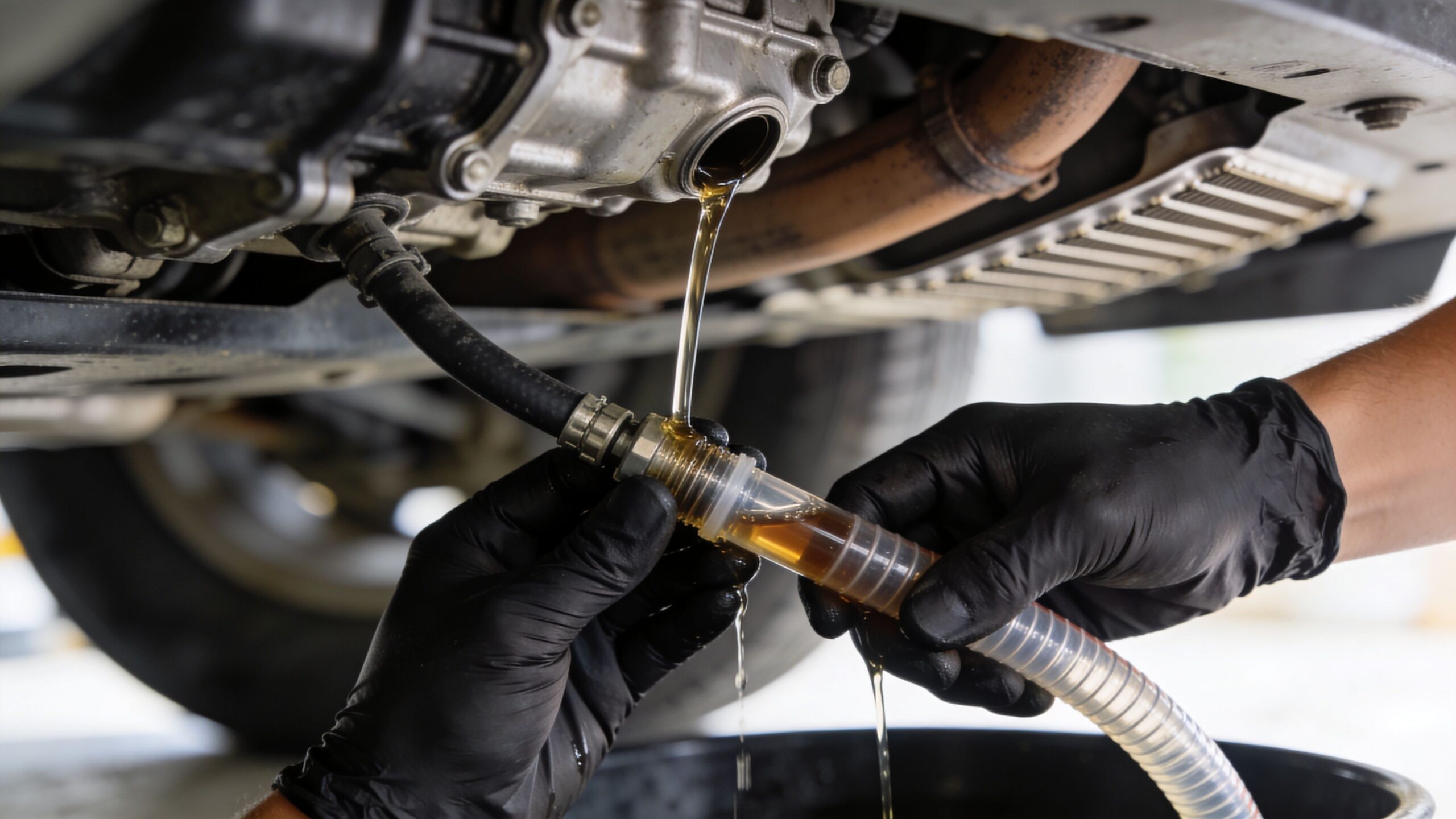 A mechanic wearing black gloves drains transmission fluid from a vehicle using a clear hose and container.