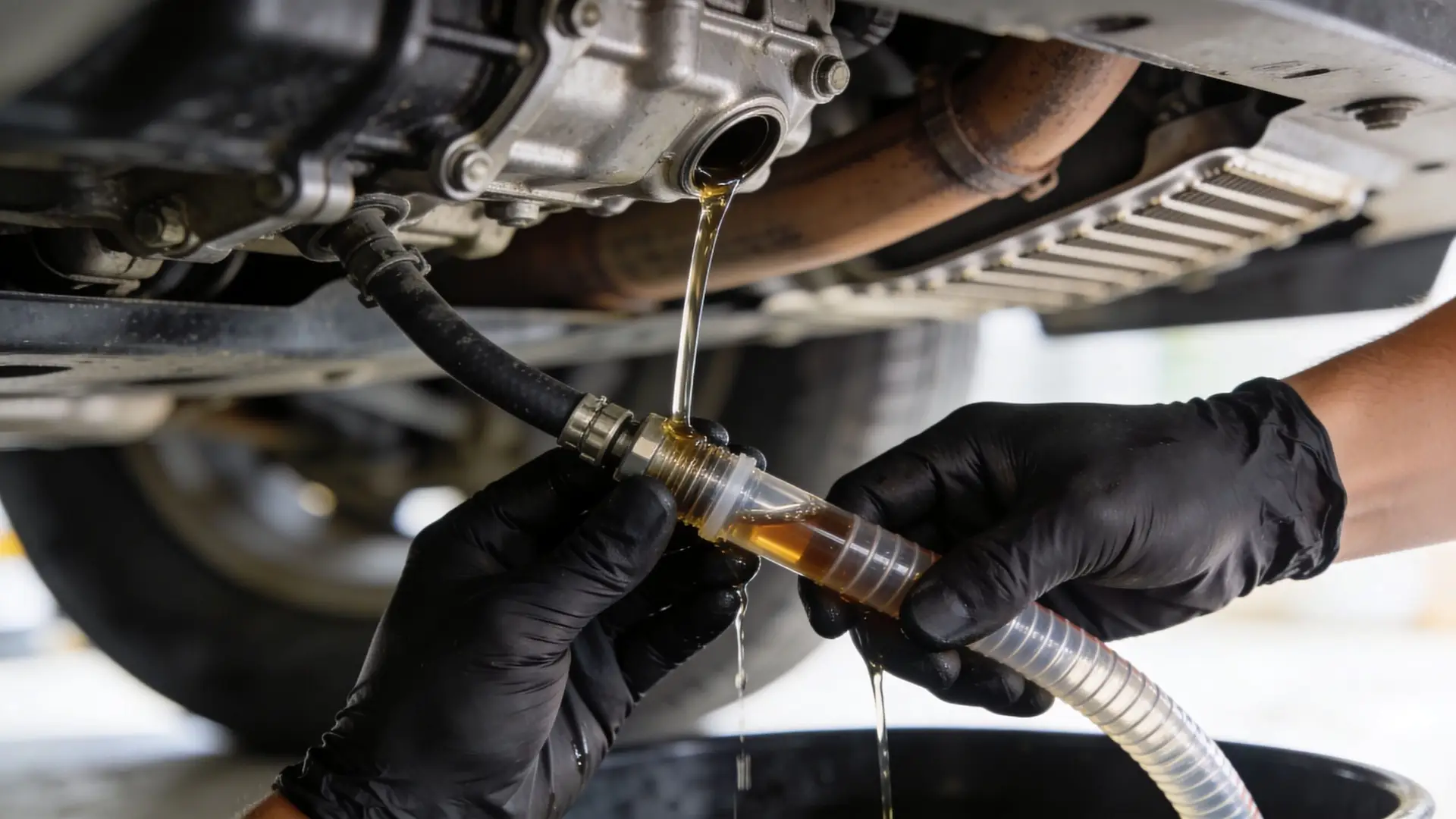 A mechanic wearing black gloves drains transmission fluid from a vehicle using a clear hose and container.