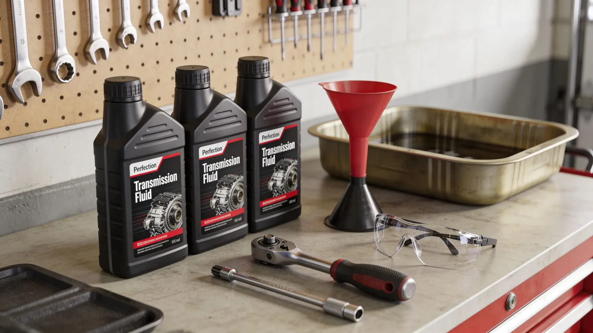A professional transmission flush kit including three bottles of transmission fluid, a funnel, wrench, and safety glasses.