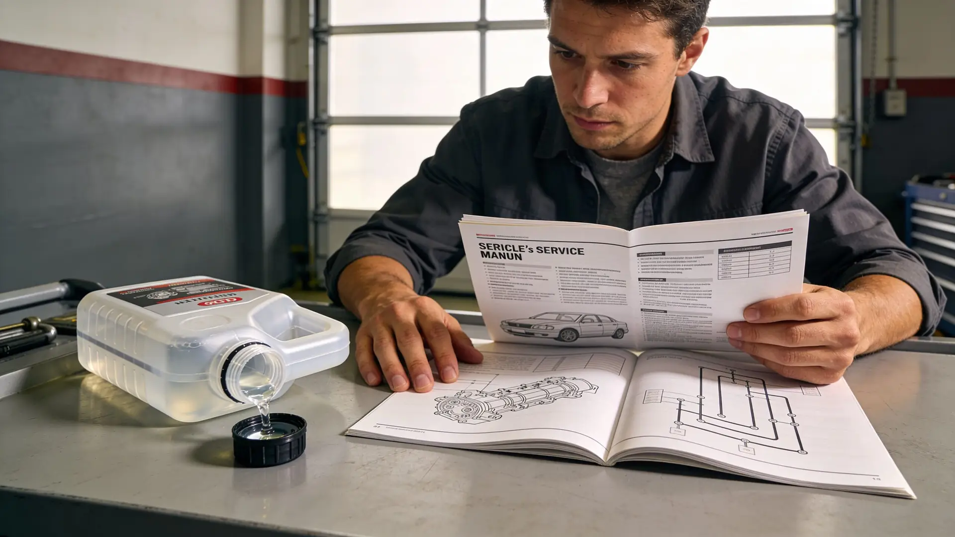 A focused mechanic reads a service manual while liquid pours from a plastic bottle into its cap.