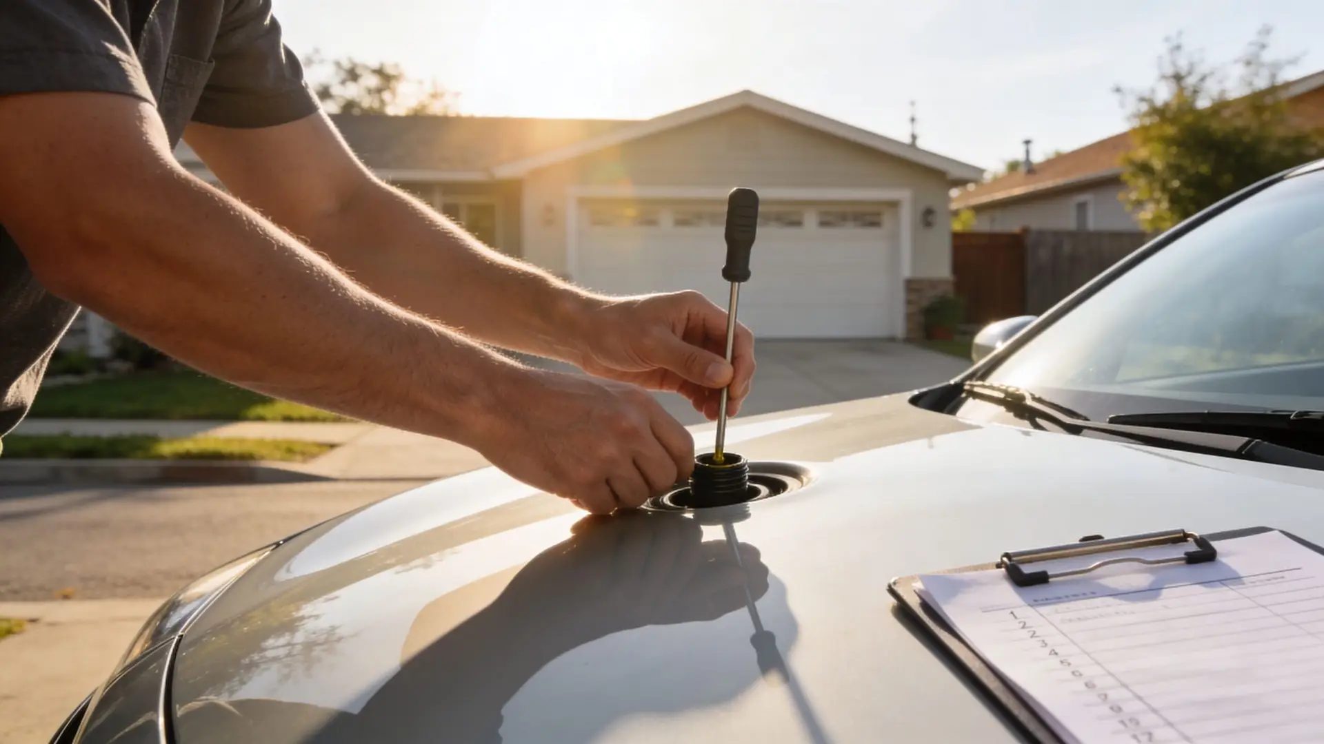 A technician performs an emissions test on a car hood while checking a clipboard with results.