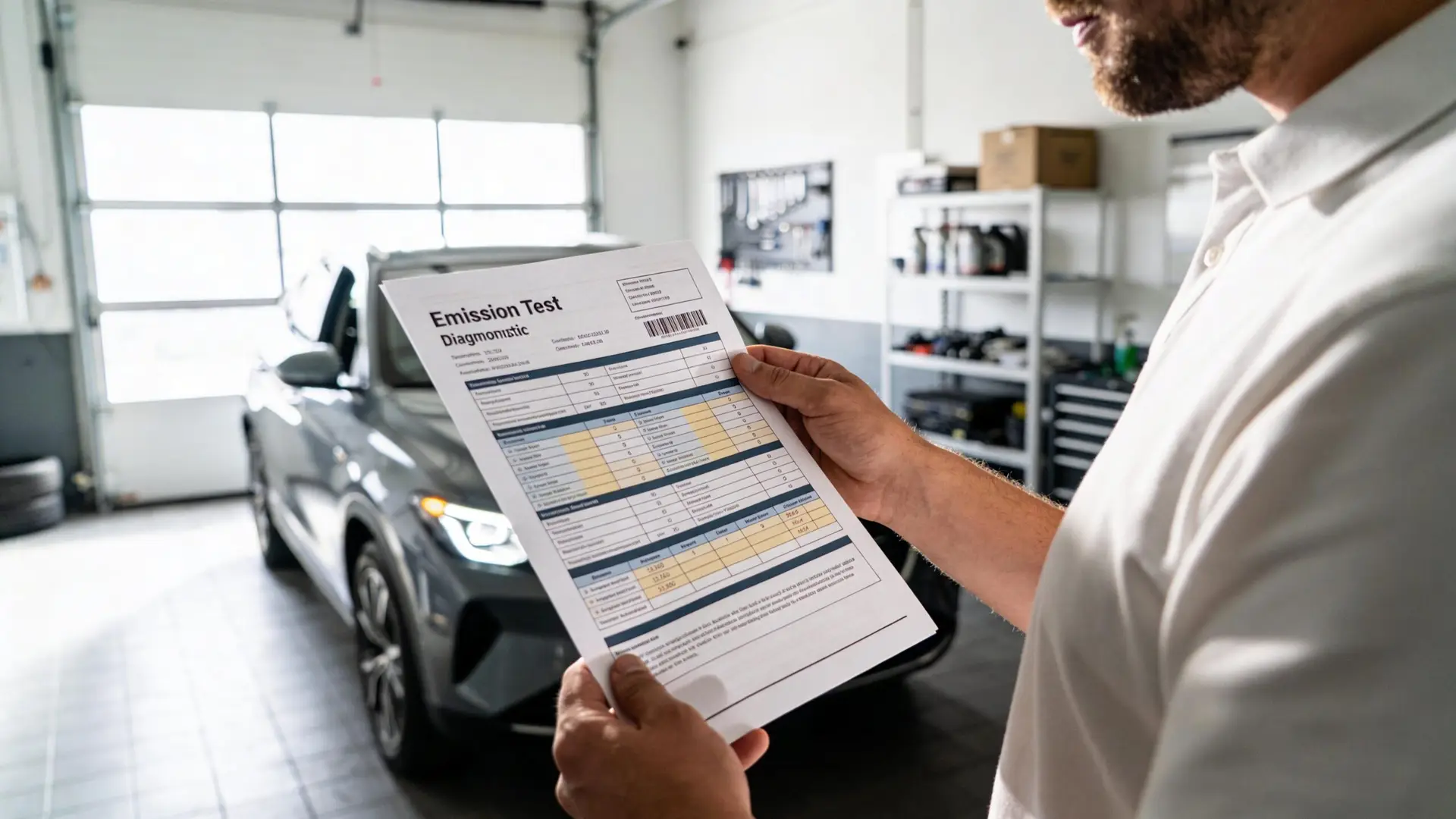 A professional mechanic in a workshop holds an official emission test report document for a vehicle.