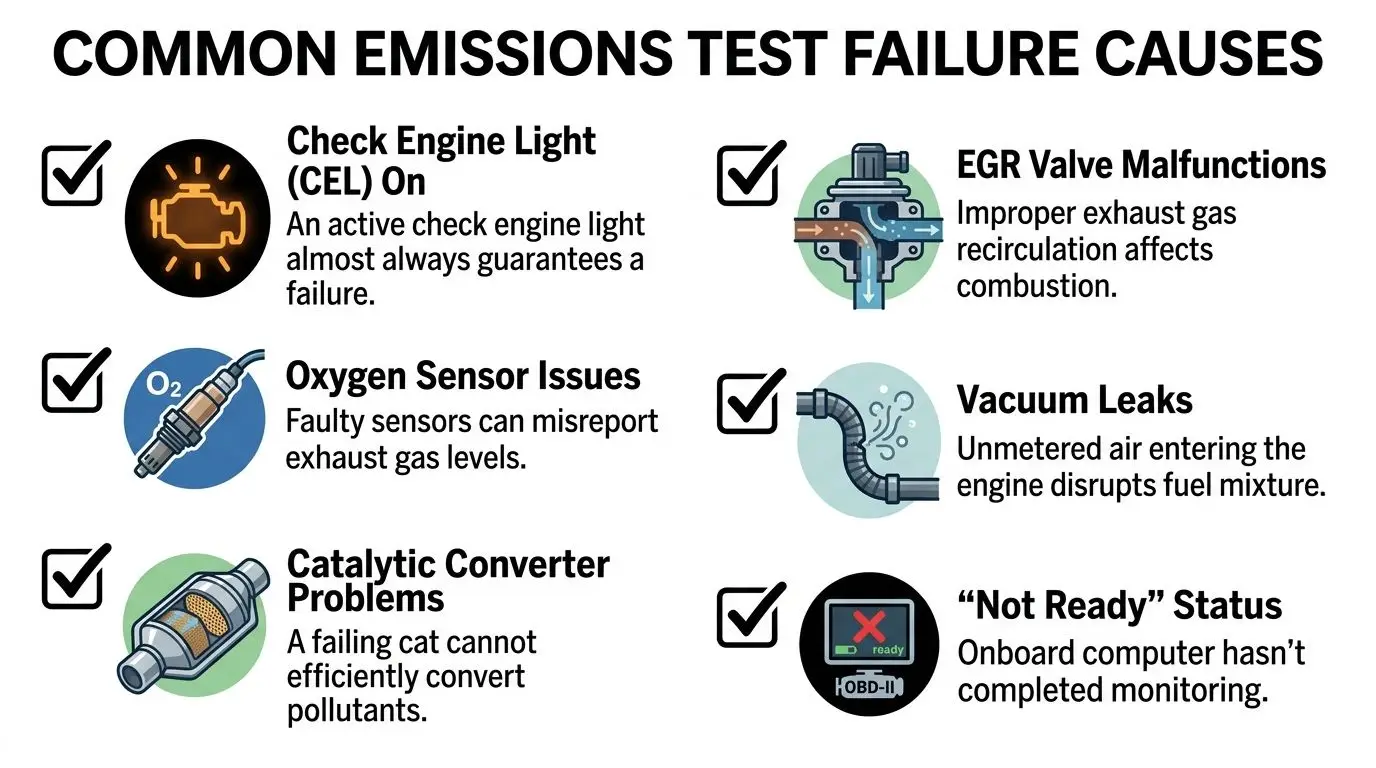 An infographic showing six common causes of vehicle emissions test failures, including sensors, exhaust, and computer issues.
