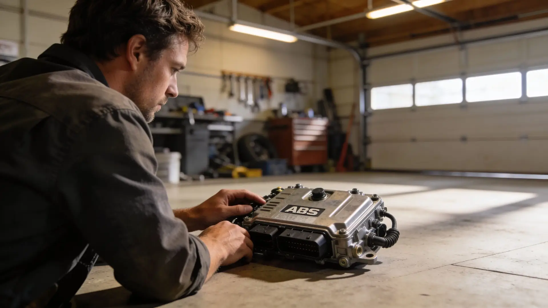 A mechanic inspecting an ABS brake control unit module on the floor of an auto repair shop.