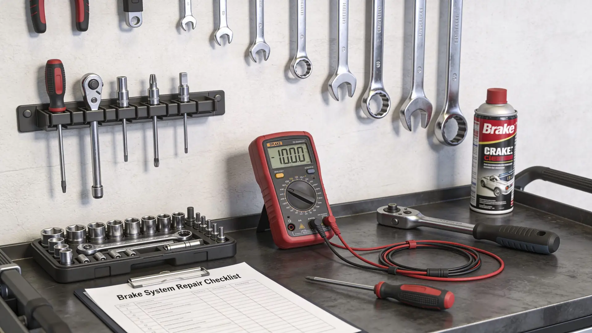 A professional automotive garage workbench featuring a brake system repair checklist, a digital multimeter, and mechanic tools.