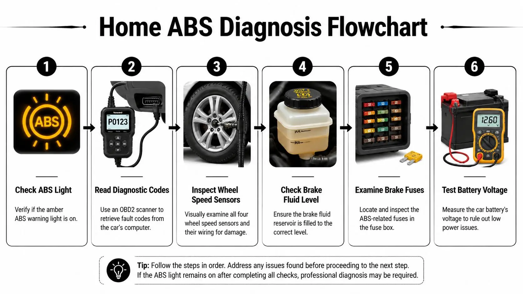 A six-step infographic demonstrating a systematic home diagnostic process for troubleshooting vehicle ABS brake warning lights.