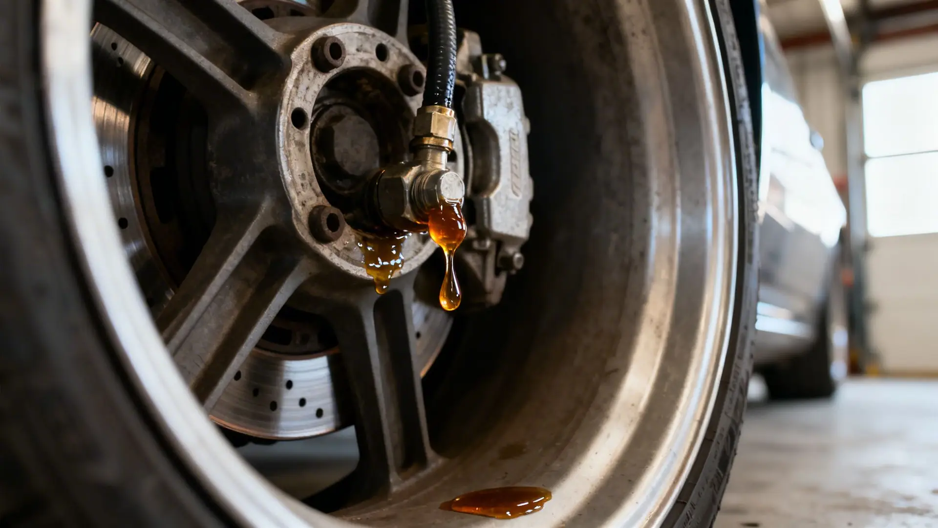 Brake fluid leaking from a car's brake caliper onto the wheel, indicating a malfunction.