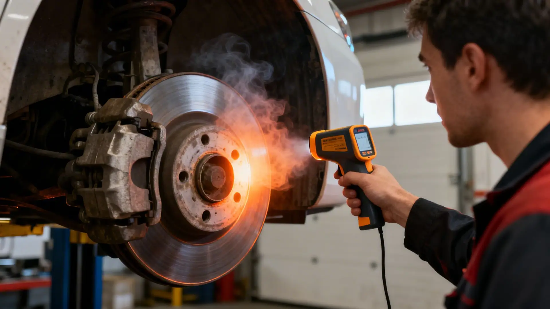 A mechanic uses an infrared thermometer to measure the hot, smoking brake disc of a car.