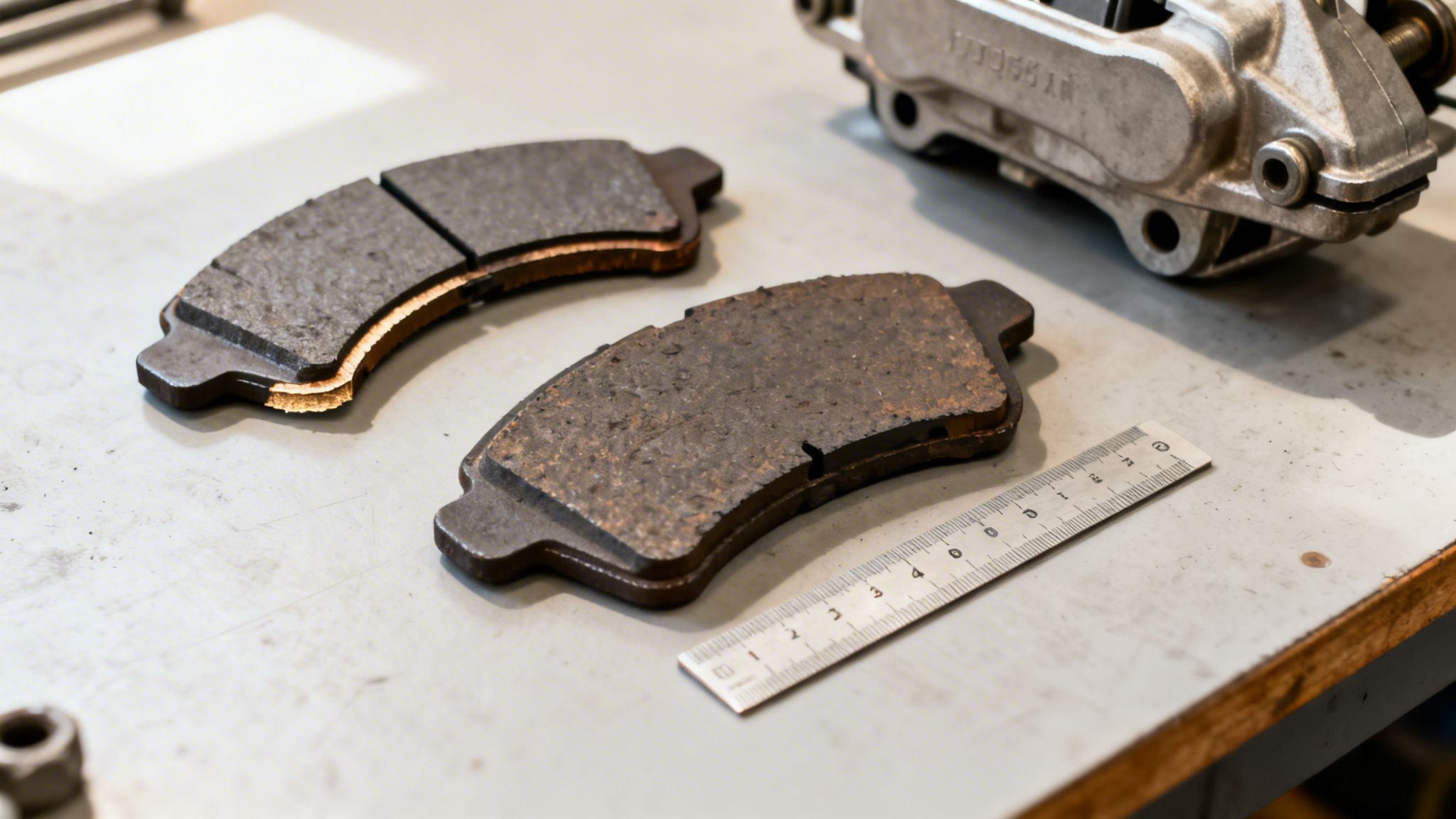 Two worn car brake pads lie on a workbench next to a ruler and a brake caliper.