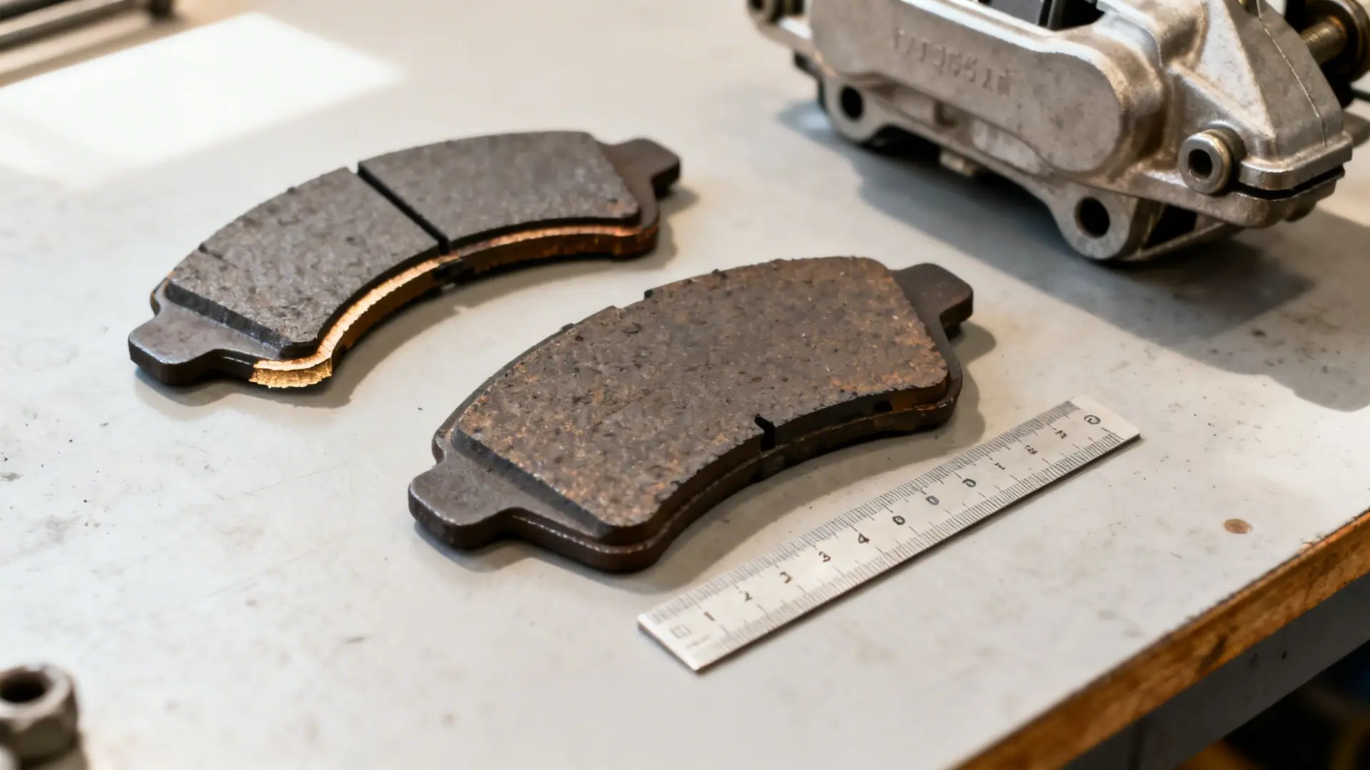 Two worn car brake pads lie on a workbench next to a ruler and a brake caliper.