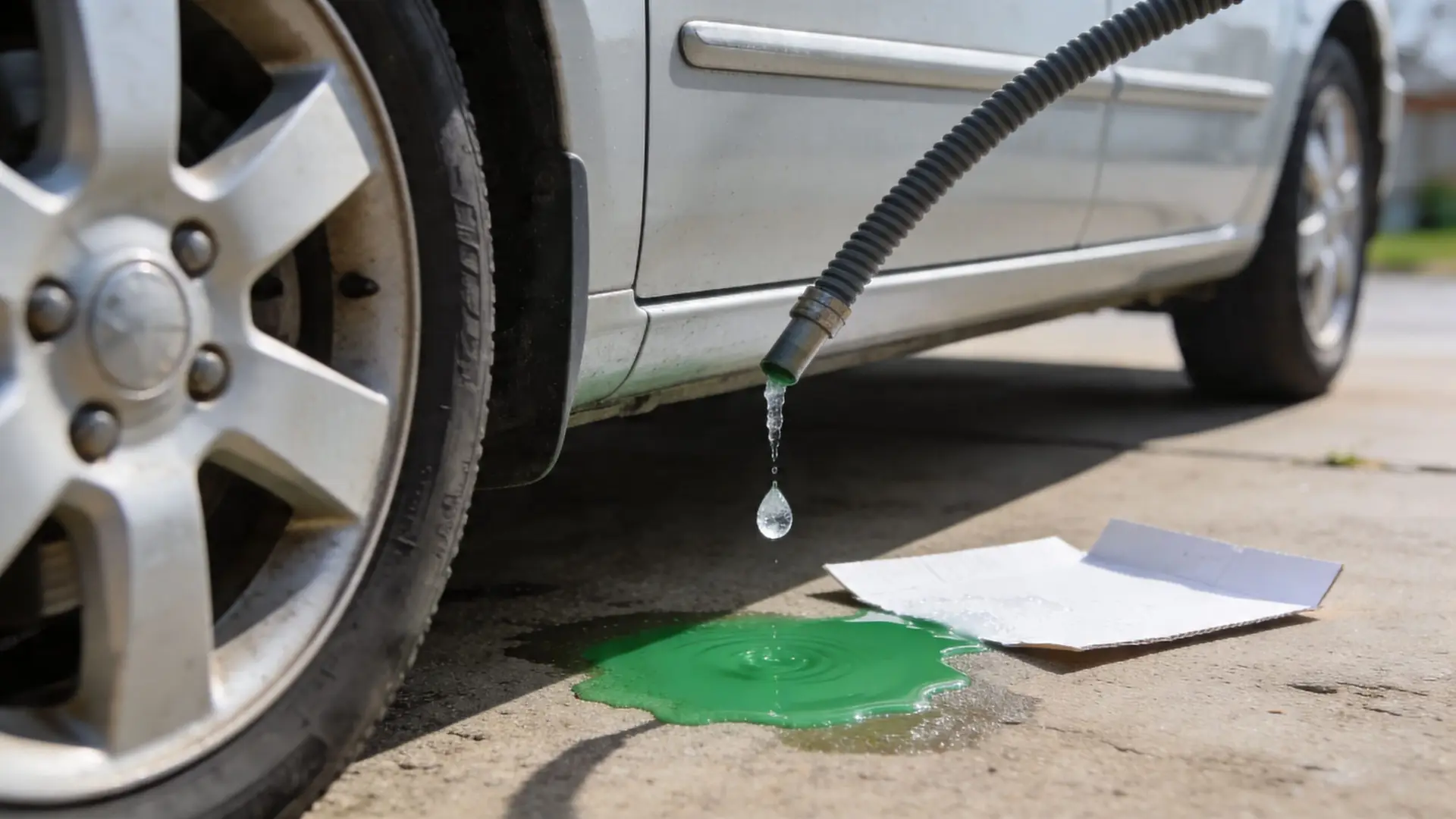A car leaking bright green coolant onto the concrete ground, with a piece of cardboard placed nearby.