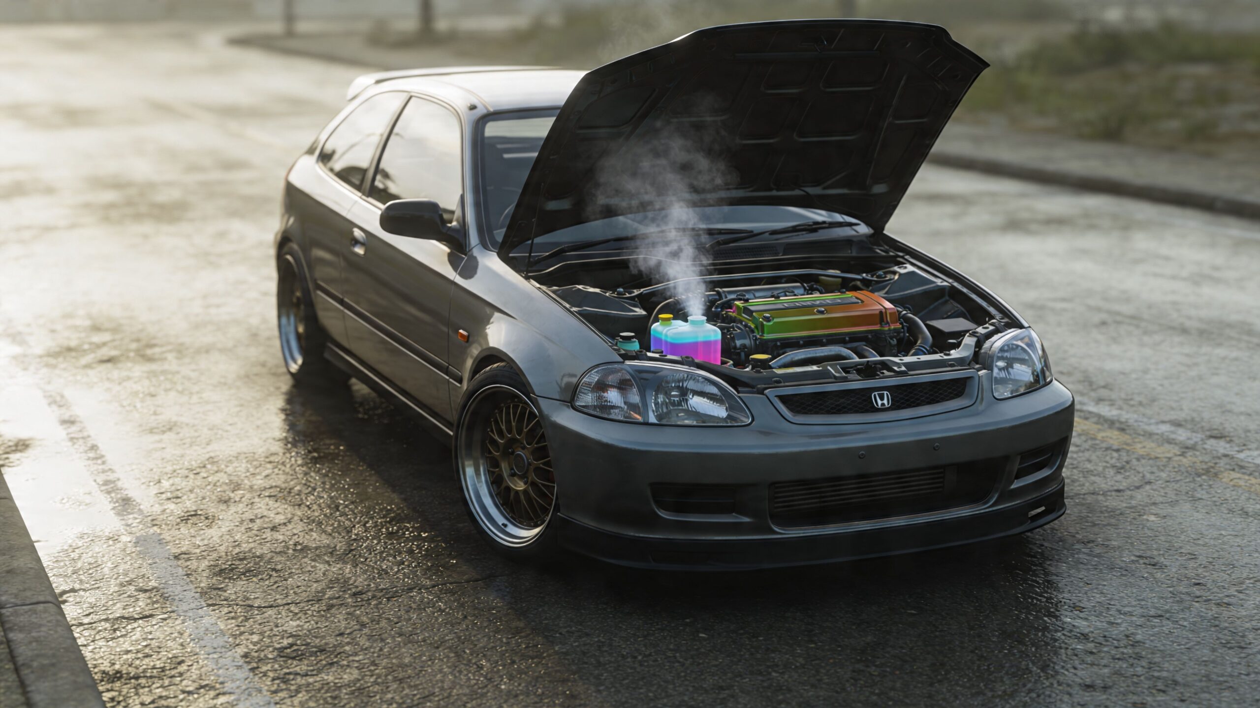 A gray Honda Civic with its hood open, emitting smoke from the engine bay due to overheating.