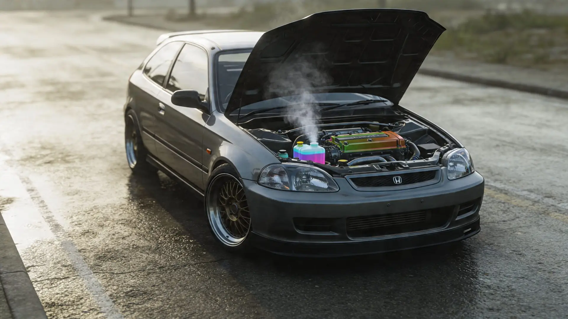 A gray Honda Civic with its hood open, emitting smoke from the engine bay due to overheating.