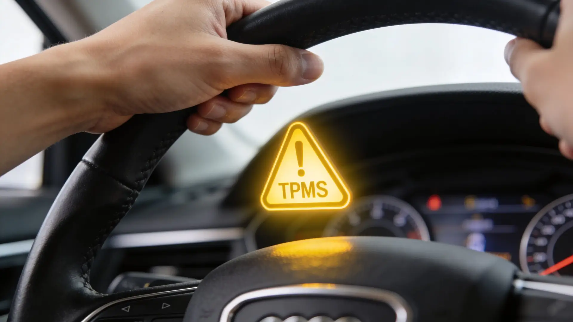 A close-up view of a person's hands on a car steering wheel with a glowing TPMS warning symbol.