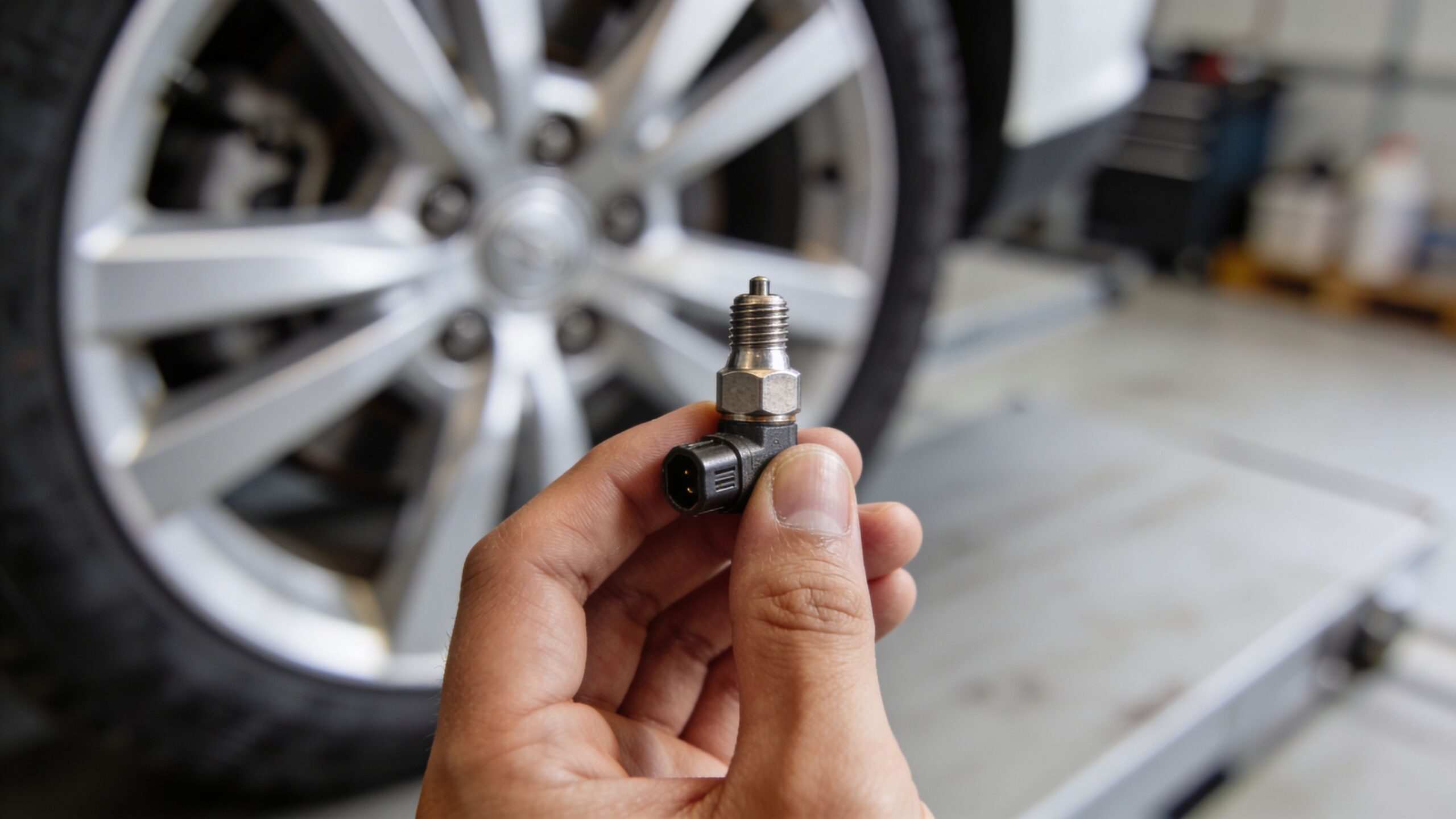 A close-up shot of a mechanic holding a new tire pressure monitoring system sensor in a garage.
