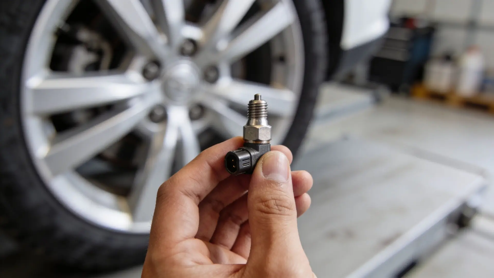 A close-up shot of a mechanic holding a new tire pressure monitoring system sensor in a garage.