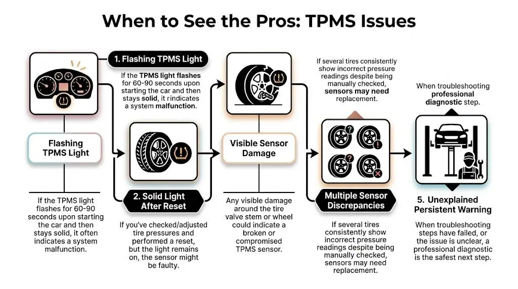 An infographic detailing five signs of TPMS system issues that require a professional mechanic diagnostic check.