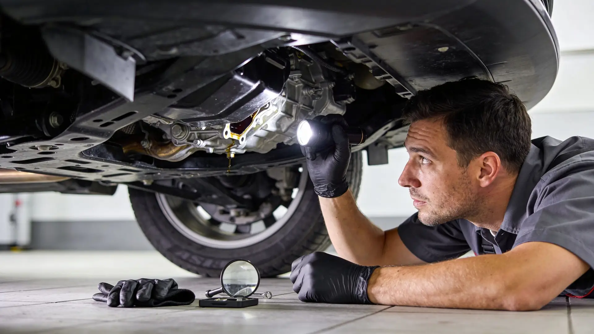 A professional mechanic in black gloves inspecting a vehicle transmission with a flashlight for a fluid leak.