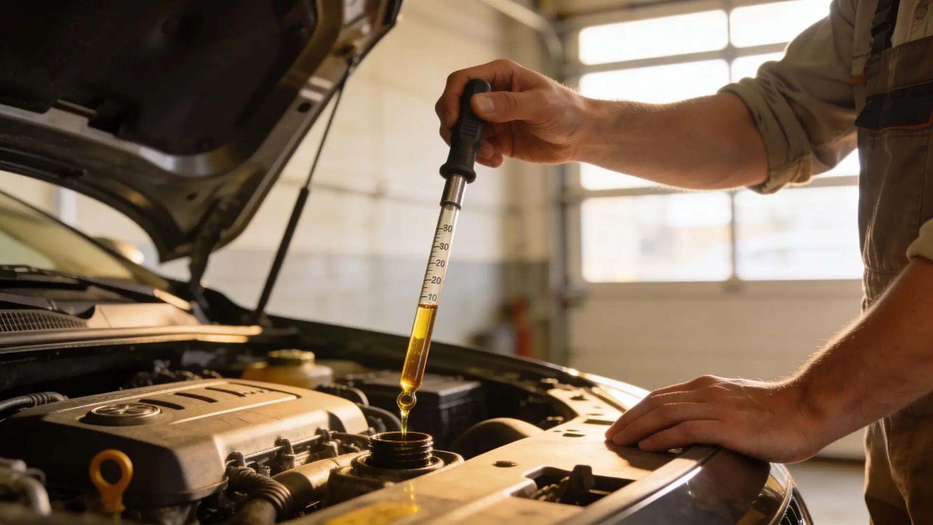 A professional mechanic uses a graduated syringe tool to check transmission fluid levels in a garage.