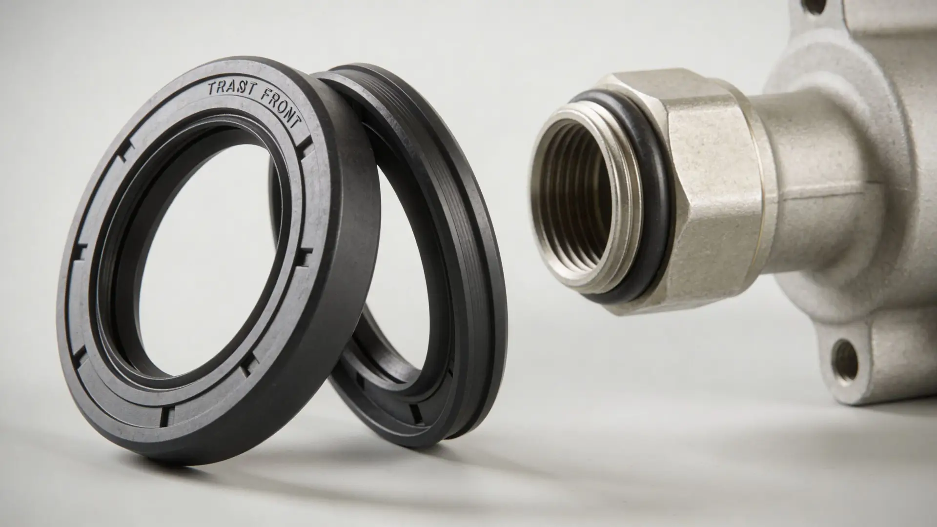 A black rubber transmission front seal placed on a surface next to a metal automotive component.