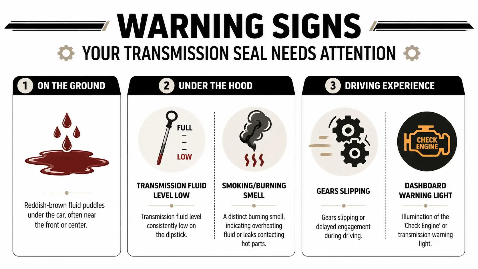 An infographic detailing three warning signs of a failing transmission seal, including fluid leaks and driving issues.