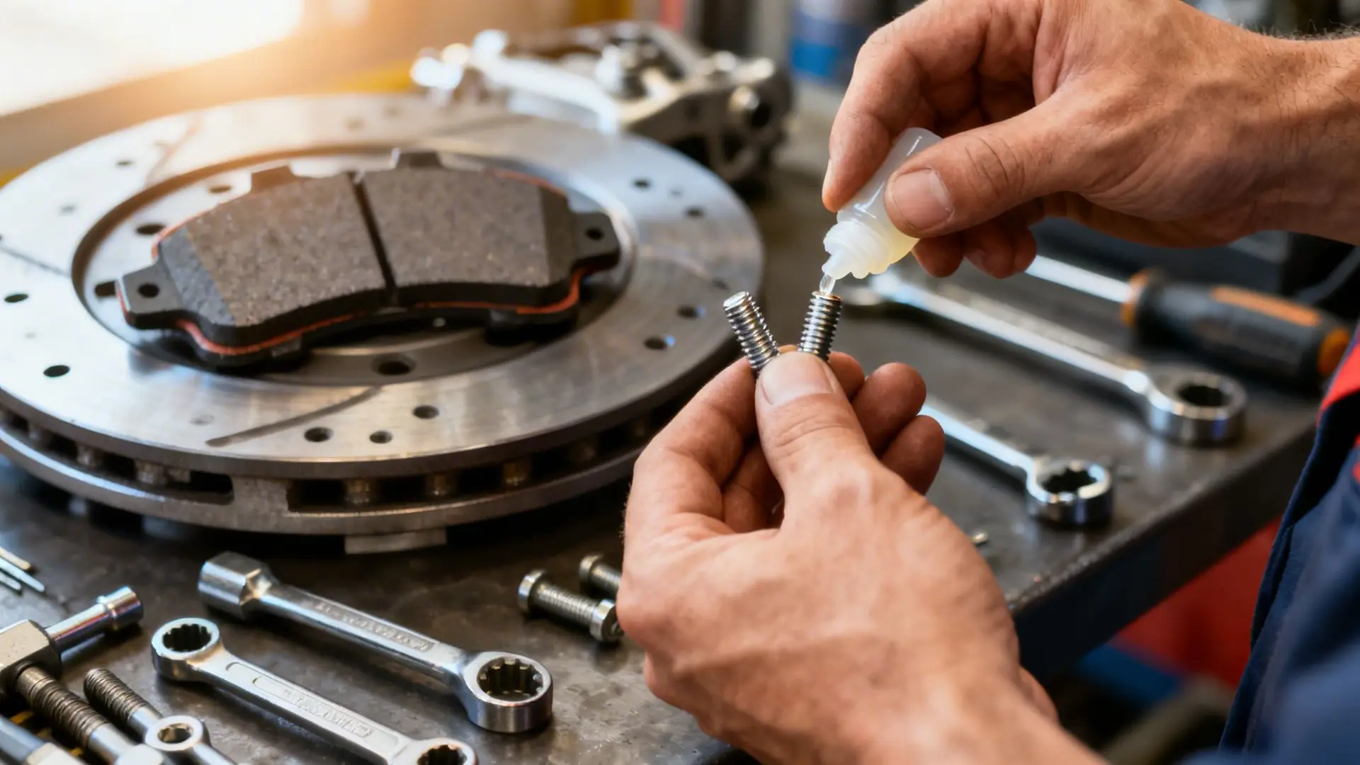 A mechanic applying thread locker lubricant to a bolt while performing car brake system maintenance in a garage.