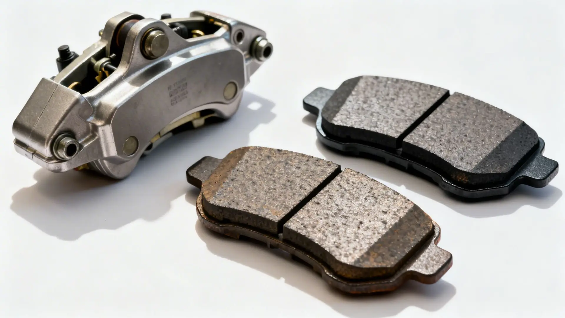 A high-performance vehicle brake caliper and a set of brake pads displayed against a white background
