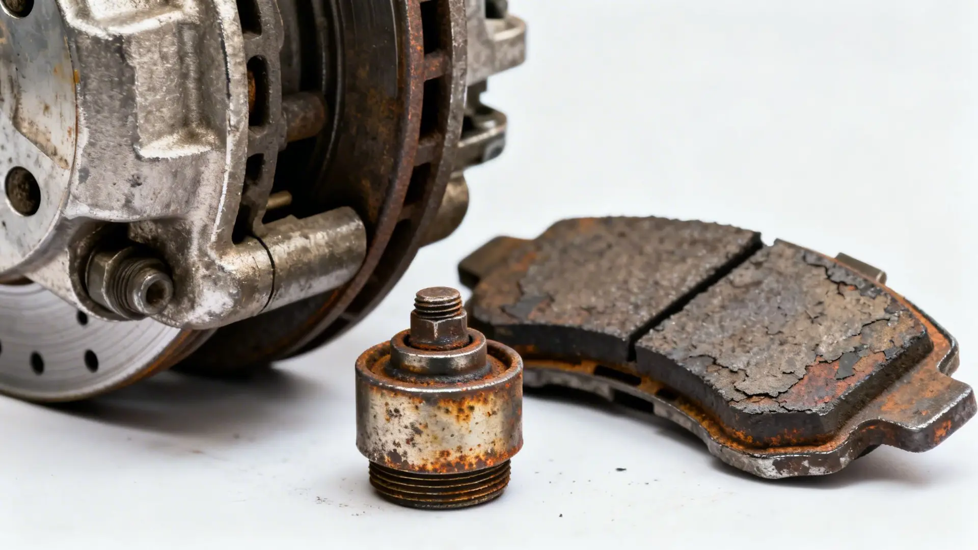 A worn brake pad and rusty brake caliper component isolated on a white background representing mechanical failure.