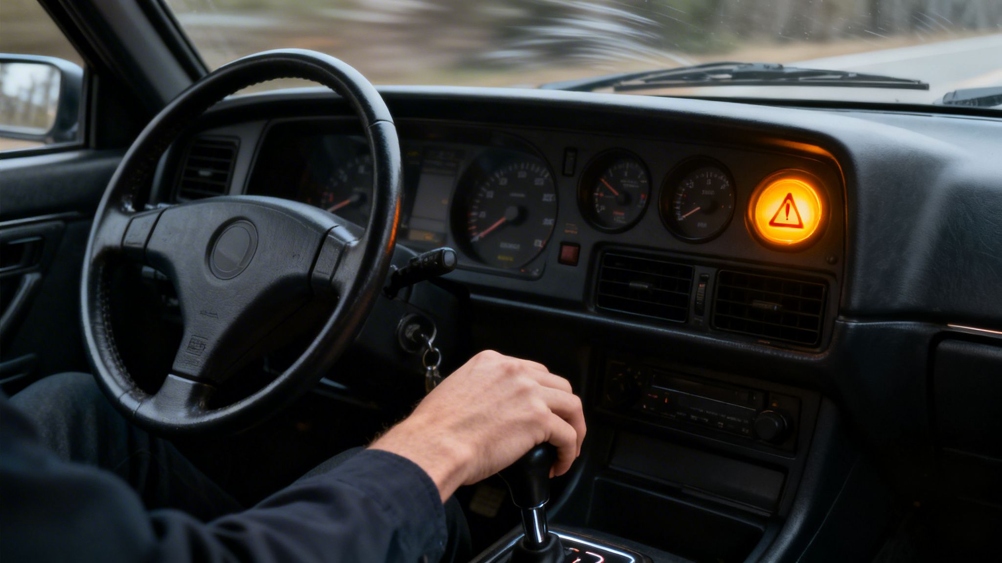 Driver's hand on a manual gear shift in a moving car, with an orange warning light on the dashboard.