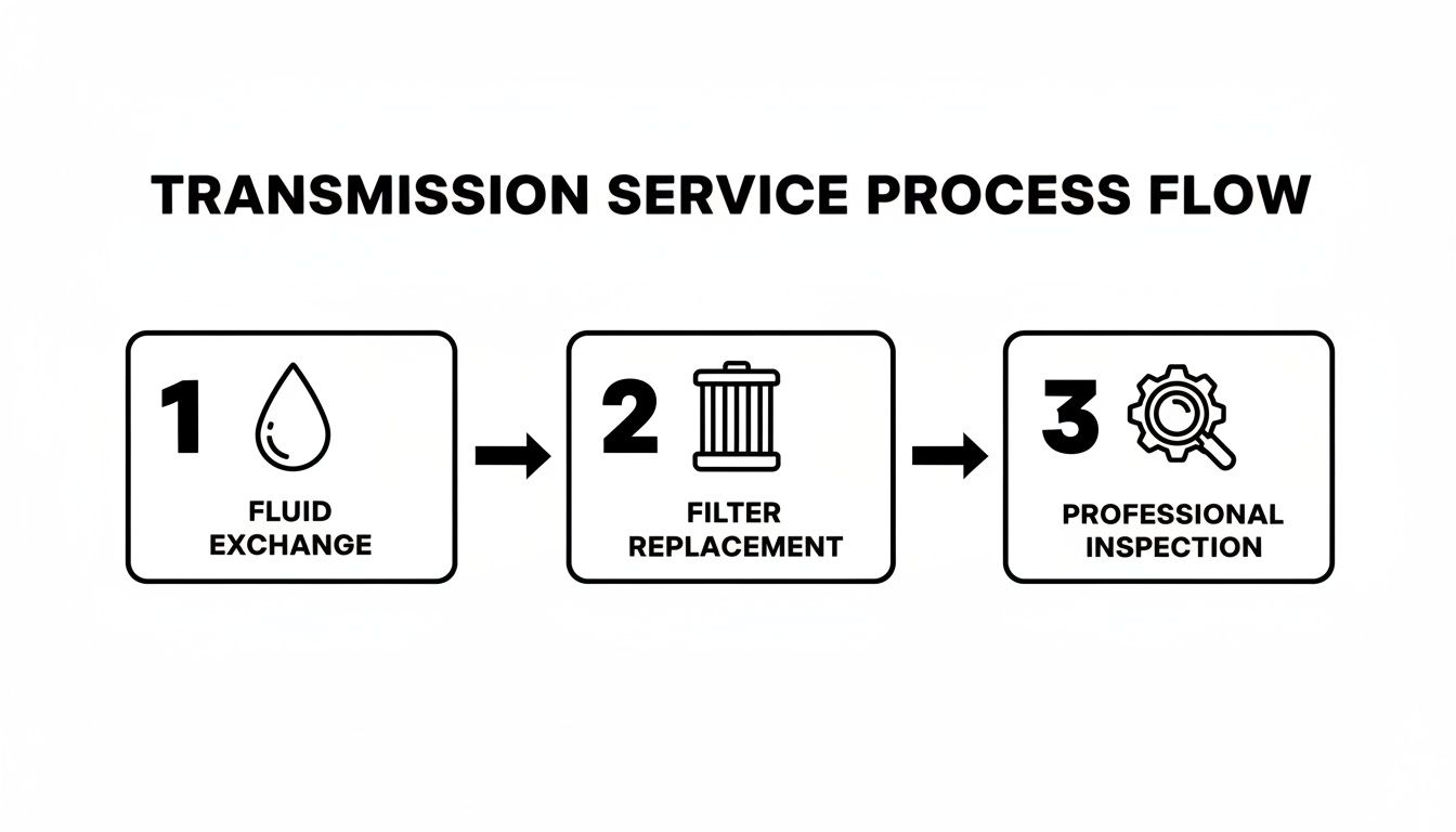A diagram outlining the three-step transmission service process: fluid exchange, filter replacement, and professional inspection.