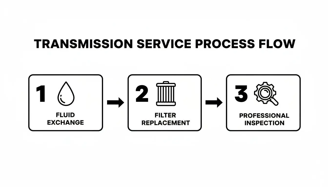 A diagram outlining the three-step transmission service process: fluid exchange, filter replacement, and professional inspection.