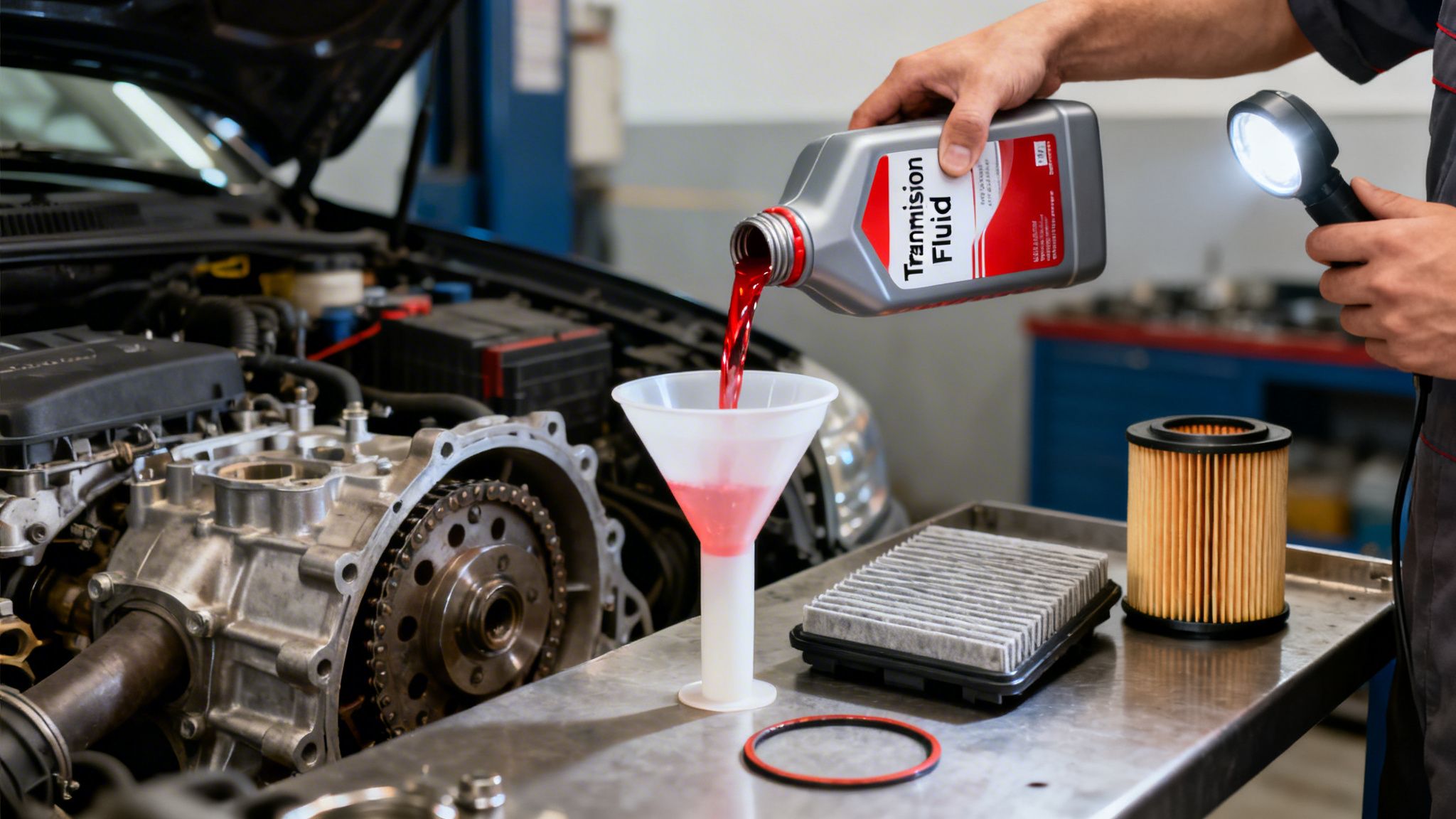 Mechanic pouring red transmission fluid into a car engine, with filters and tools on a workbench.