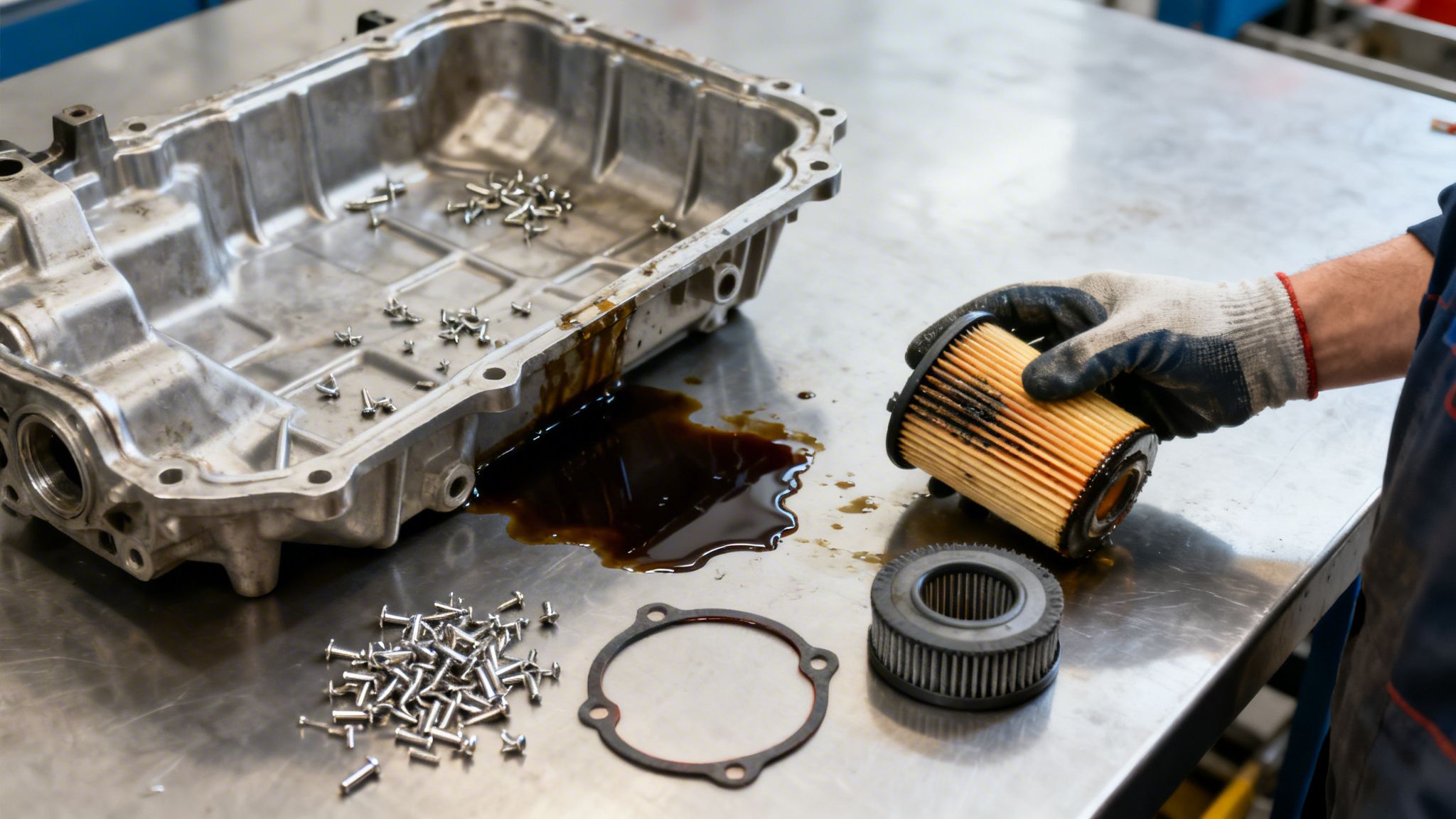 A mechanic's gloled hand holds a dirty transmission filter, with screws, a pan, and spilled fluid on a workbench.