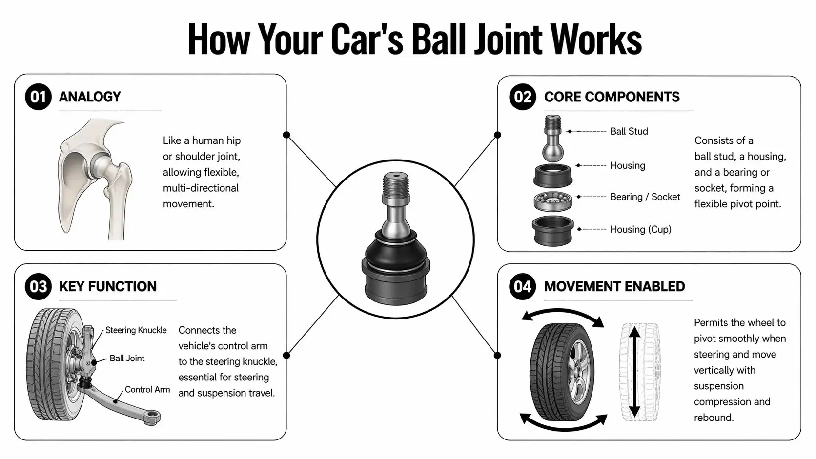 An infographic diagram explaining the function and components of a car's suspension ball joint system.