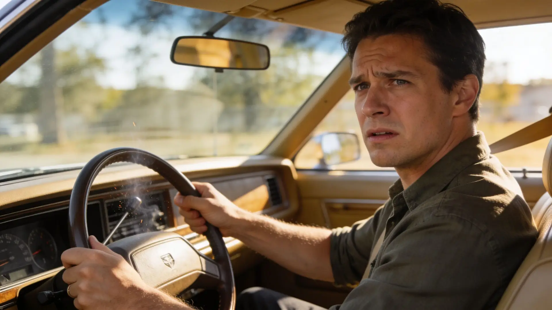 A concerned driver grips the steering wheel of a car while sparks fly from the steering column.
