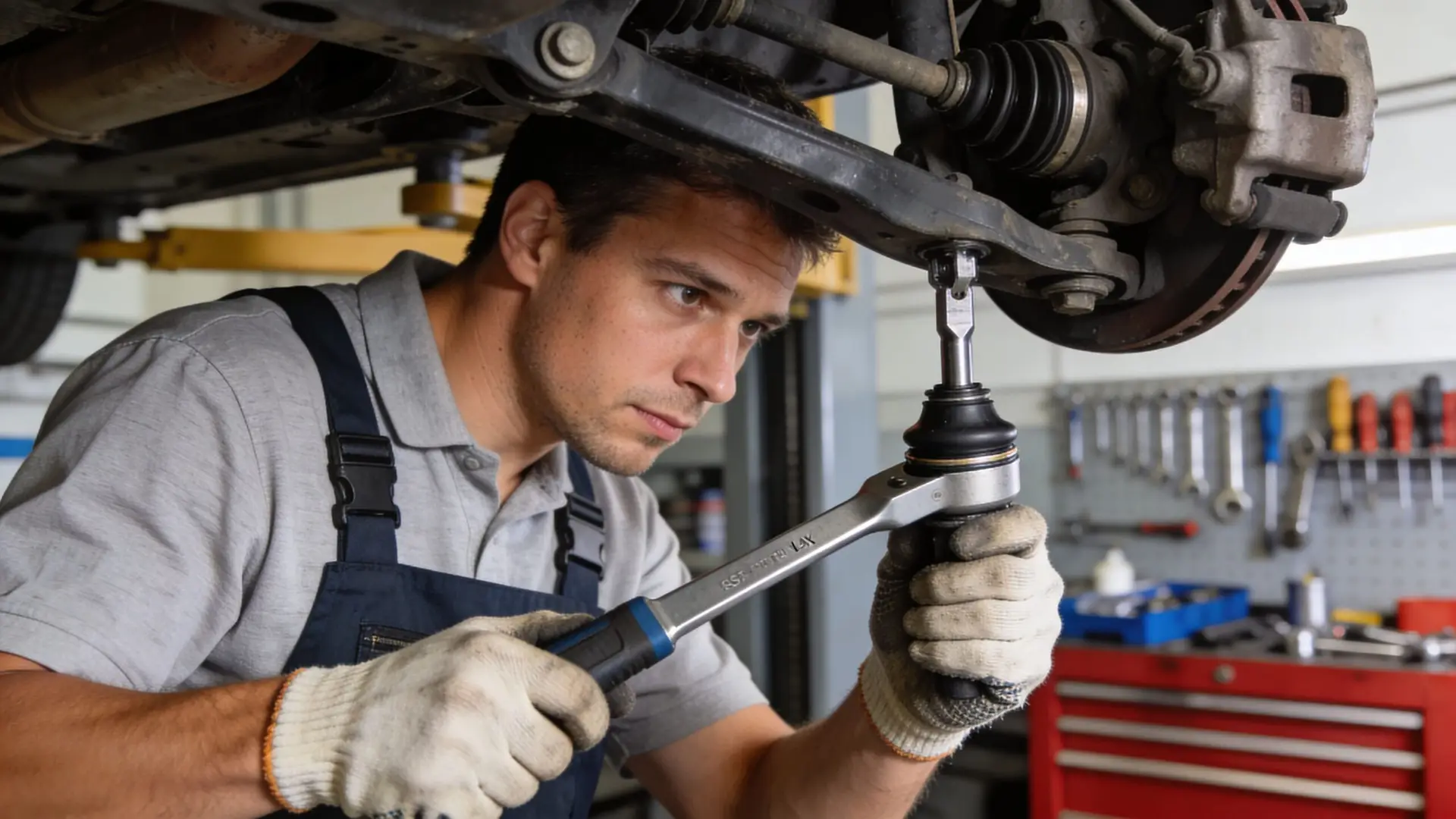A professional mechanic in work clothes using a tool to tighten a car suspension ball joint.