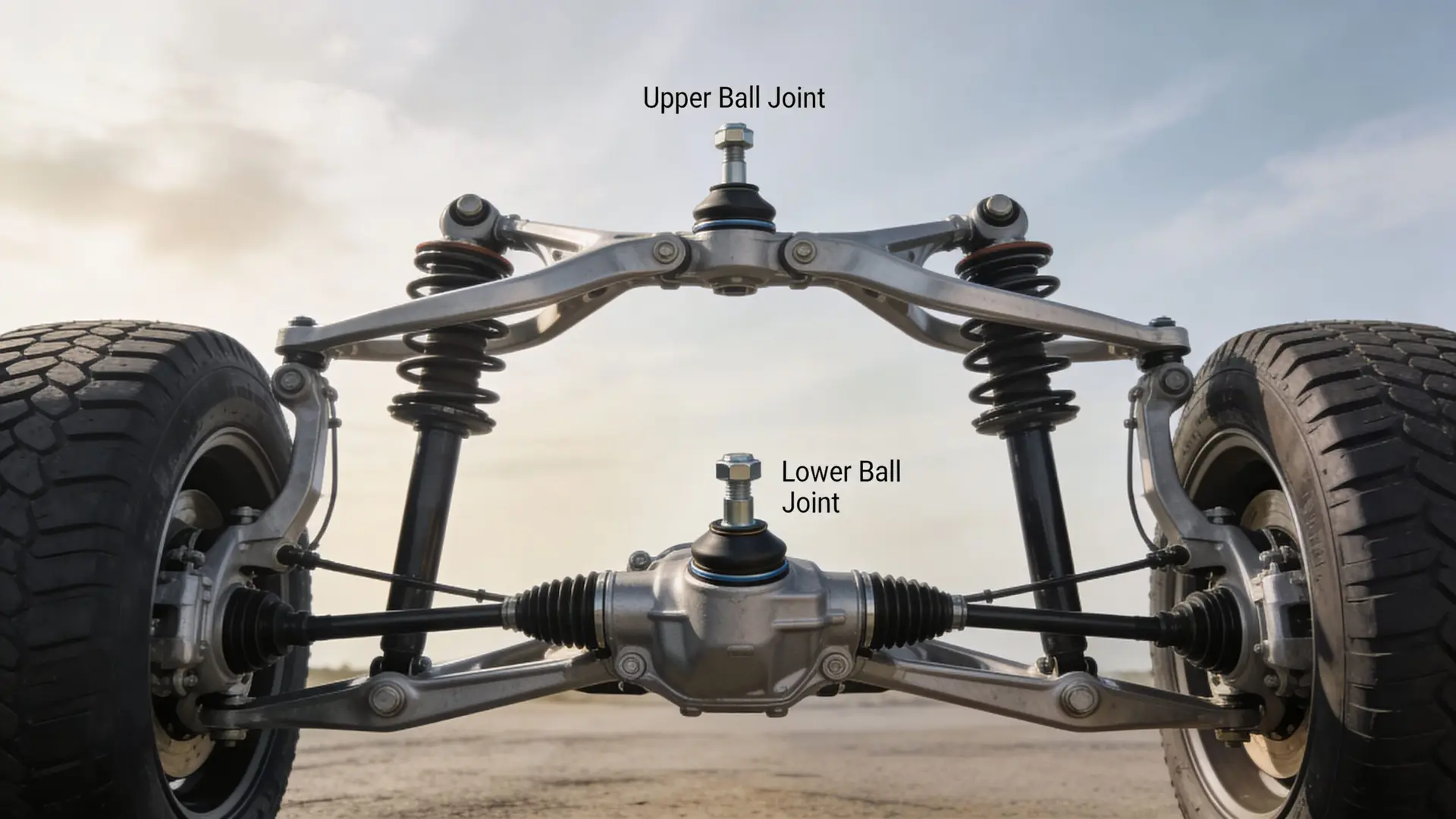 A close-up view of an automobile independent suspension system highlighting the upper and lower ball joints.
